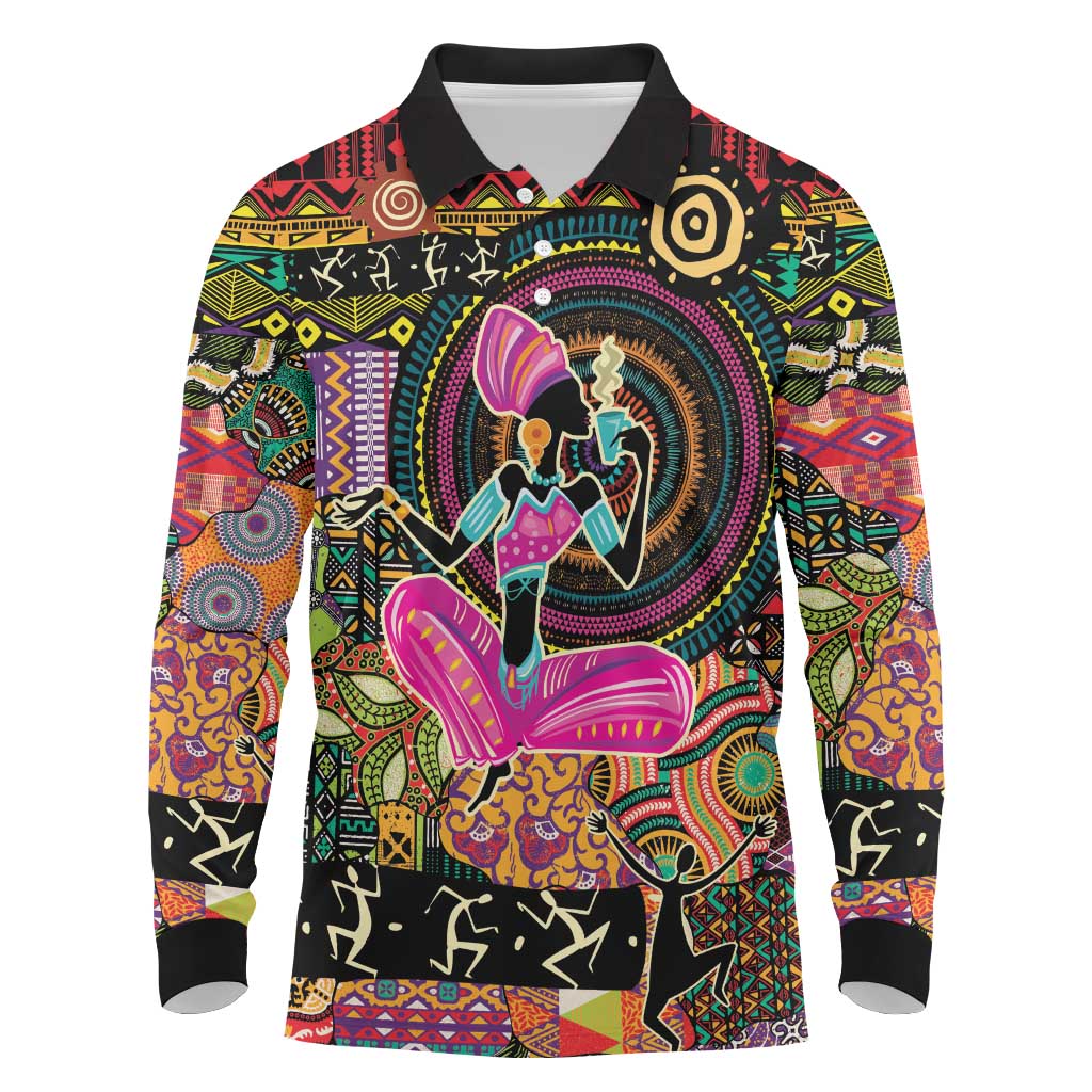 African Women Ethnic Motifs Long Sleeve Polo Shirt