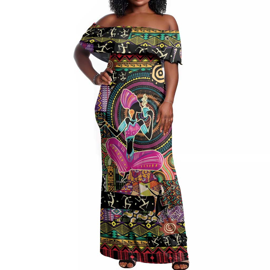 African Women Ethnic Motifs Off Shoulder Maxi Dress