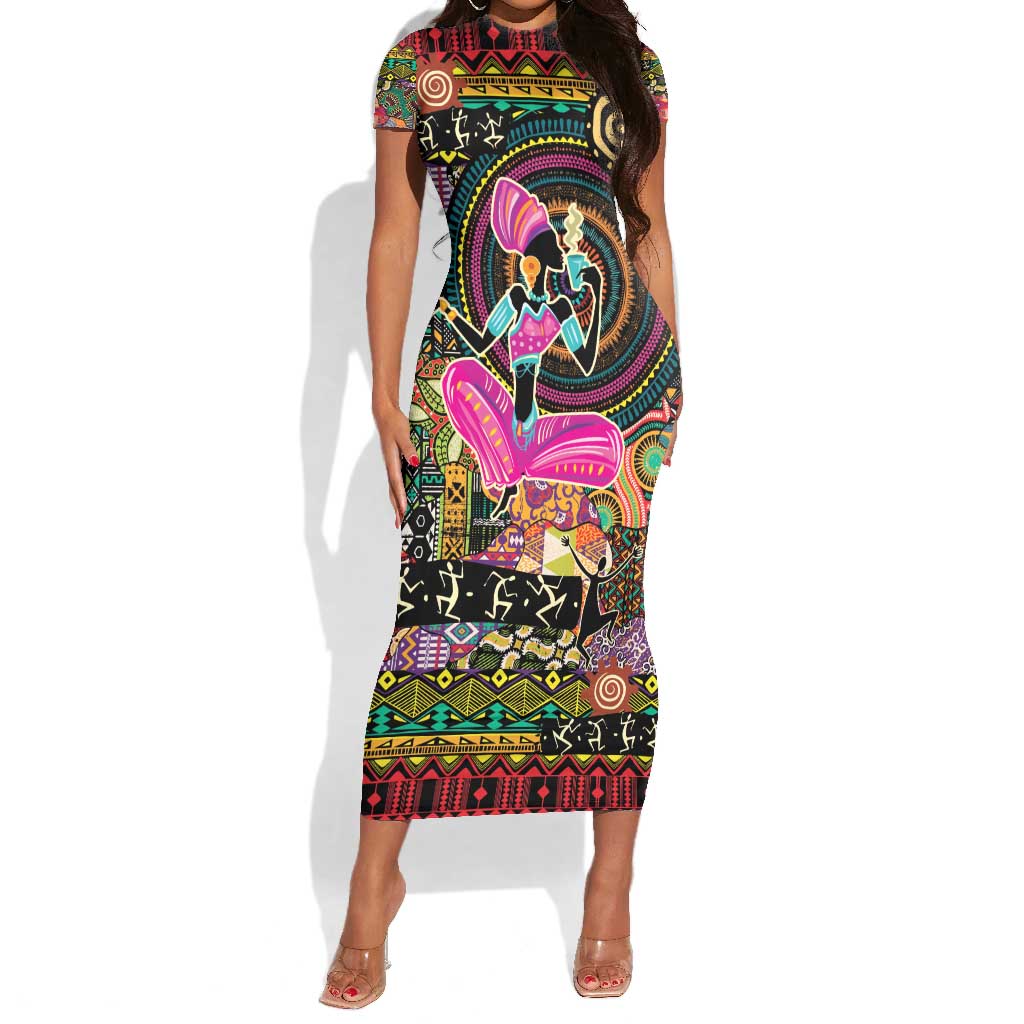 African Women Ethnic Motifs Short Sleeve Bodycon Dress