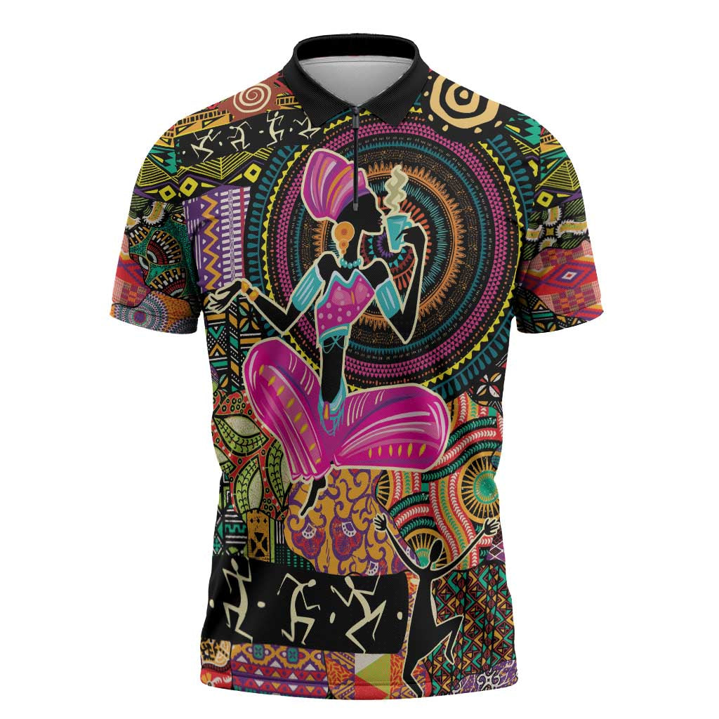 African Women Ethnic Motifs Zipper Polo Shirt