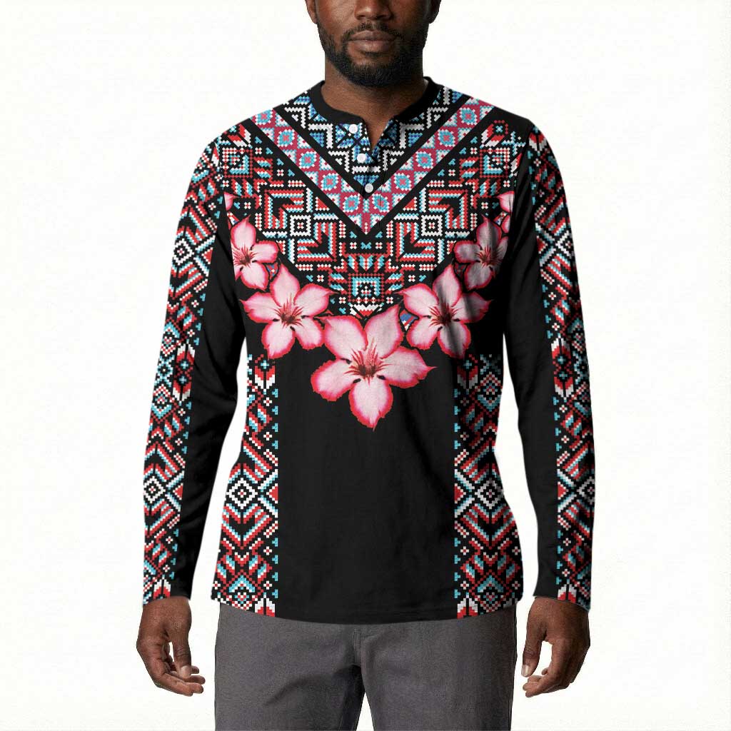 Africa Adenium Multiflorum Flowers Button Sweatshirt Mix Native Tribal Pattern