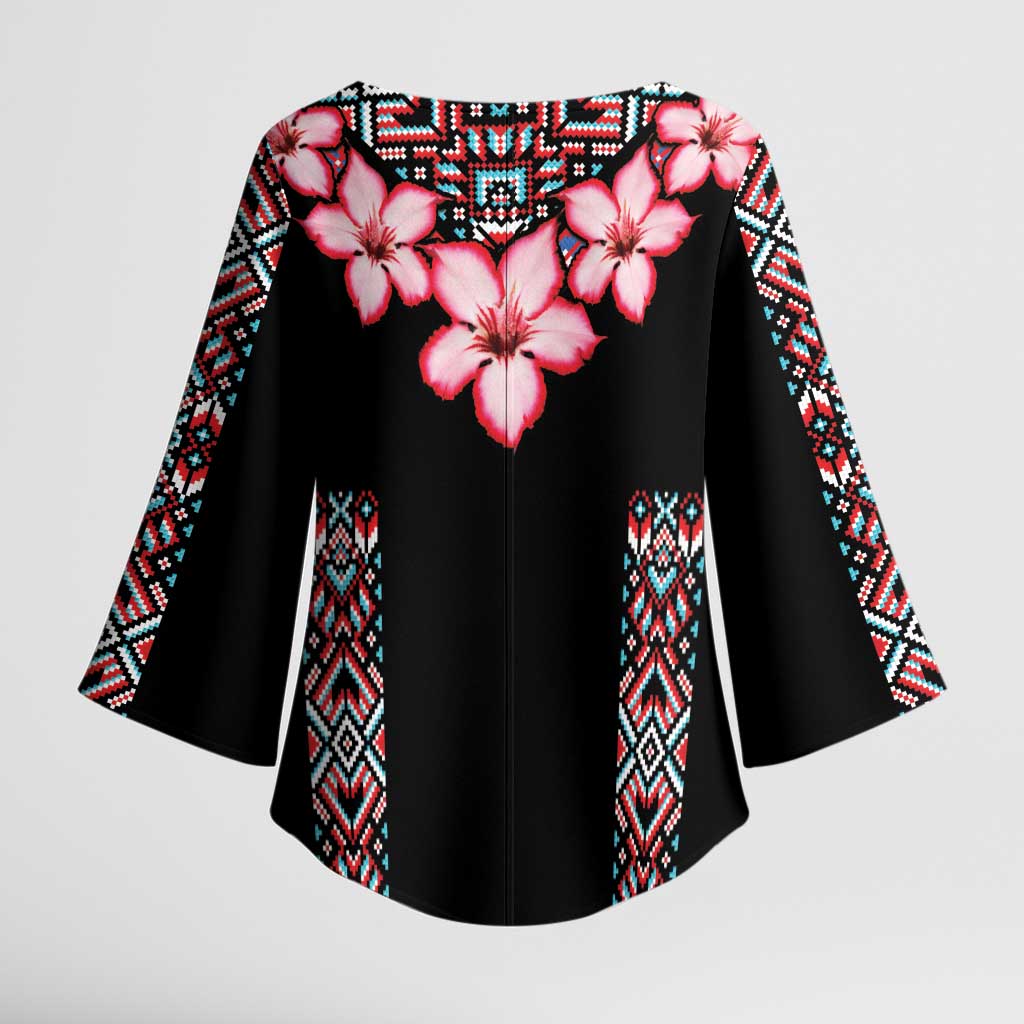 Africa Adenium Multiflorum Flowers Kimono Sleeve Blouse Mix Native Tribal Pattern