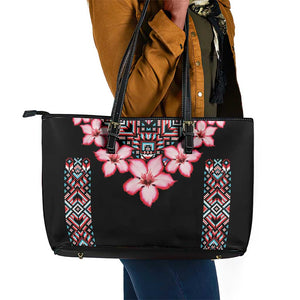 Afro Adenium Multiflorum Flowers Leather Tote Bag Mix Native Tribal Pattern