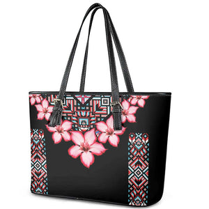 Afro Adenium Multiflorum Flowers Leather Tote Bag Mix Native Tribal Pattern