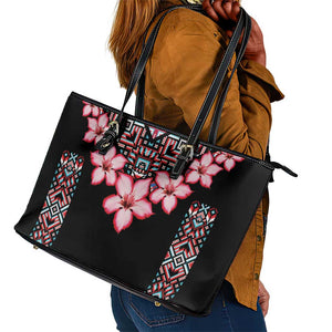 Afro Adenium Multiflorum Flowers Leather Tote Bag Mix Native Tribal Pattern