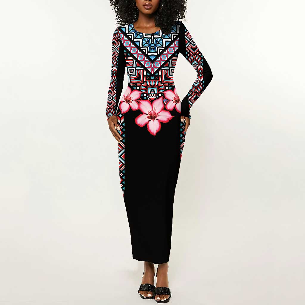 Afro Adenium Multiflorum Flowers Long Sleeve Bodycon Dress Mix Native Tribal Pattern