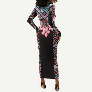 Afro Adenium Multiflorum Flowers Long Sleeve Bodycon Dress Mix Native Tribal Pattern