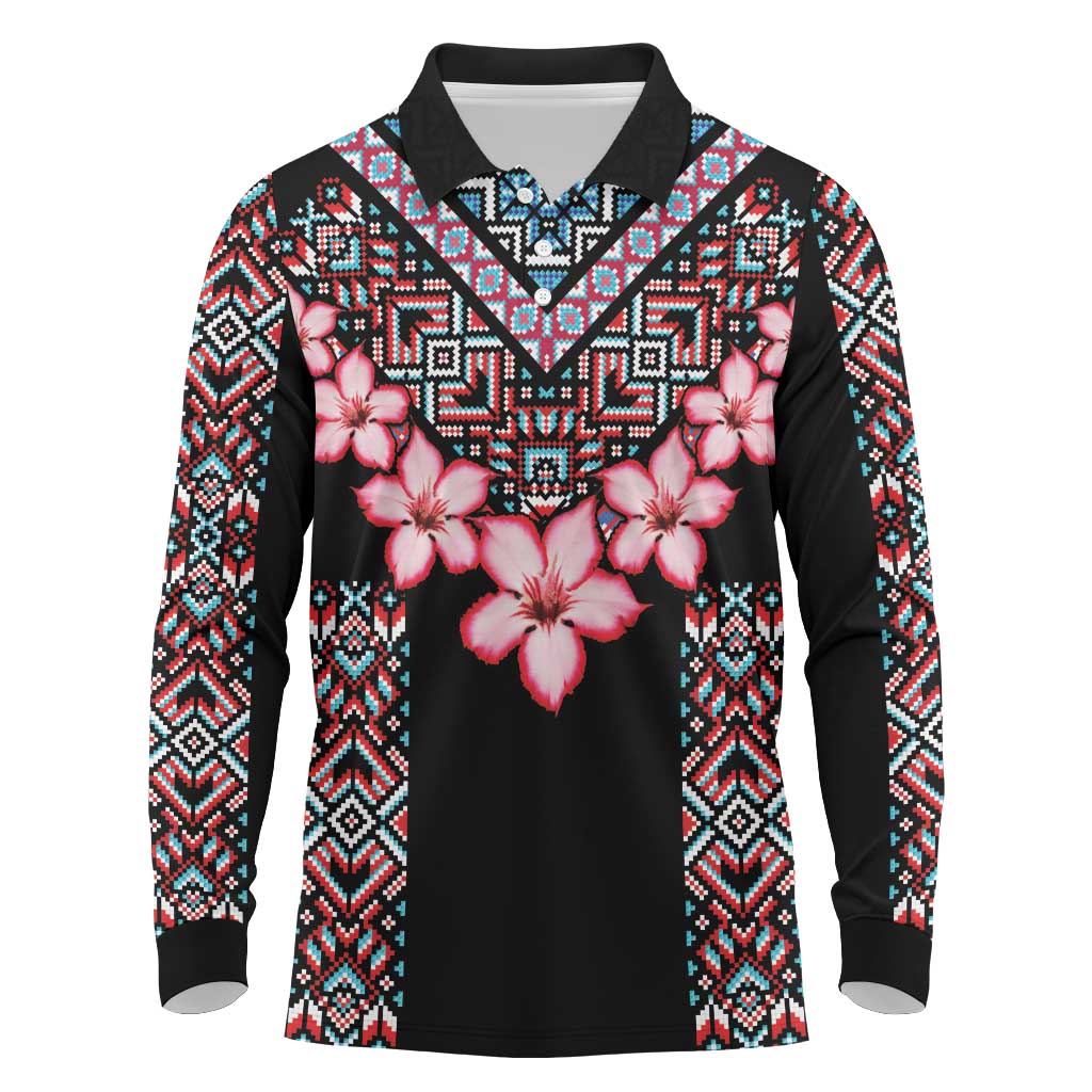 Afro Adenium Multiflorum Flowers Long Sleeve Polo Shirt Mix Native Tribal Pattern