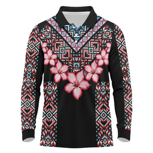 Afro Adenium Multiflorum Flowers Long Sleeve Polo Shirt Mix Native Tribal Pattern