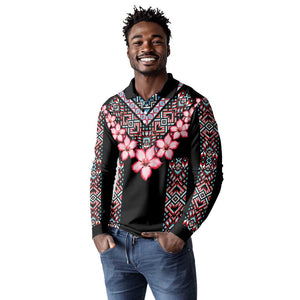 Afro Adenium Multiflorum Flowers Long Sleeve Polo Shirt Mix Native Tribal Pattern