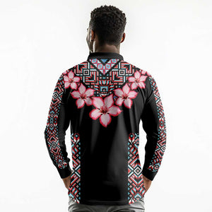 Afro Adenium Multiflorum Flowers Long Sleeve Polo Shirt Mix Native Tribal Pattern