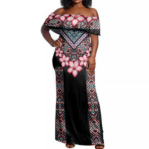 Afro Adenium Multiflorum Flowers Off Shoulder Maxi Dress Mix Native Tribal Pattern