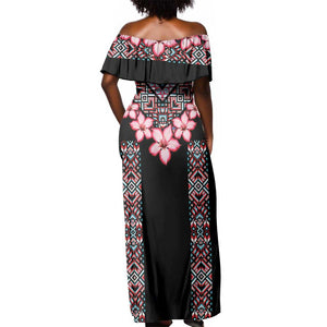 Afro Adenium Multiflorum Flowers Off Shoulder Maxi Dress Mix Native Tribal Pattern