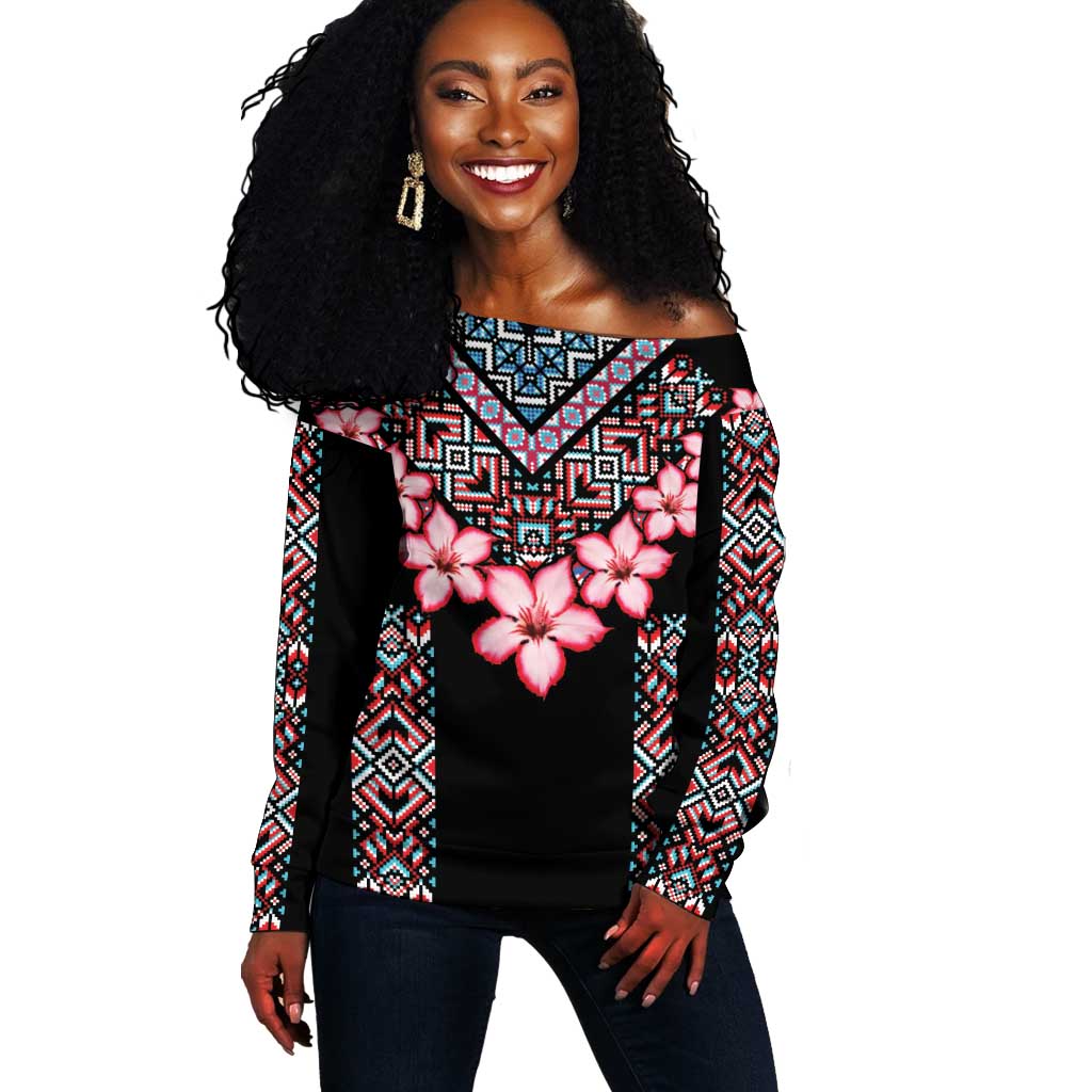 Afro Adenium Multiflorum Flowers Off Shoulder Sweater Mix Native Tribal Pattern