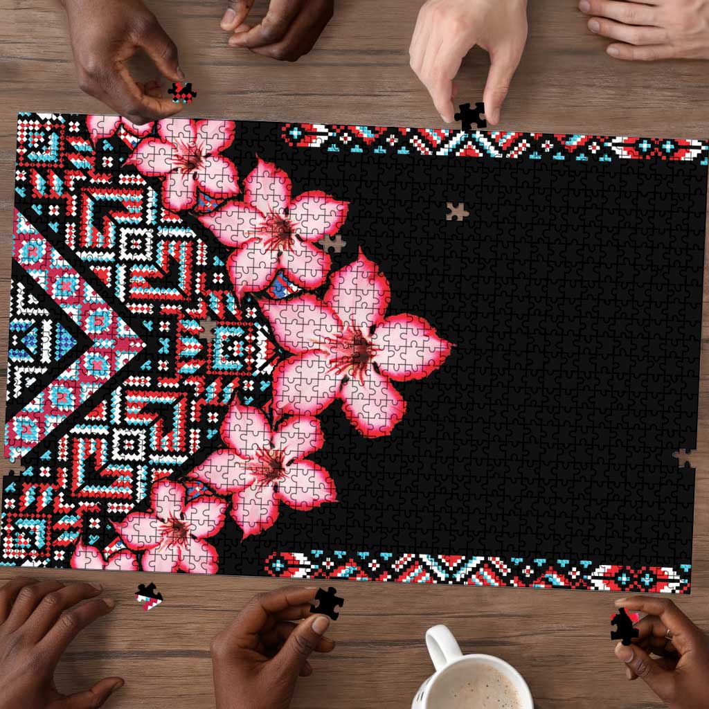 Africa Adenium Multiflorum Flowers Puzzle Mix Native Tribal Pattern