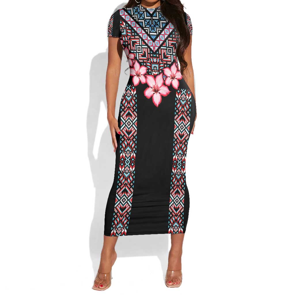 Afro Adenium Multiflorum Flowers Short Sleeve Bodycon Dress Mix Native Tribal Pattern