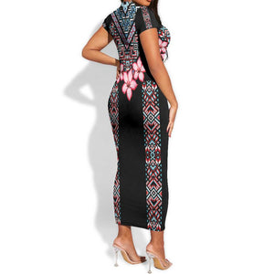 Afro Adenium Multiflorum Flowers Short Sleeve Bodycon Dress Mix Native Tribal Pattern