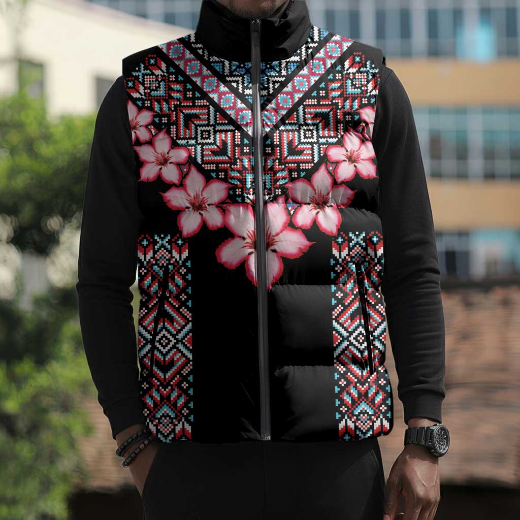 Africa Adenium Multiflorum Flowers Sleeveless Puffer Jacket Mix Native Tribal Pattern