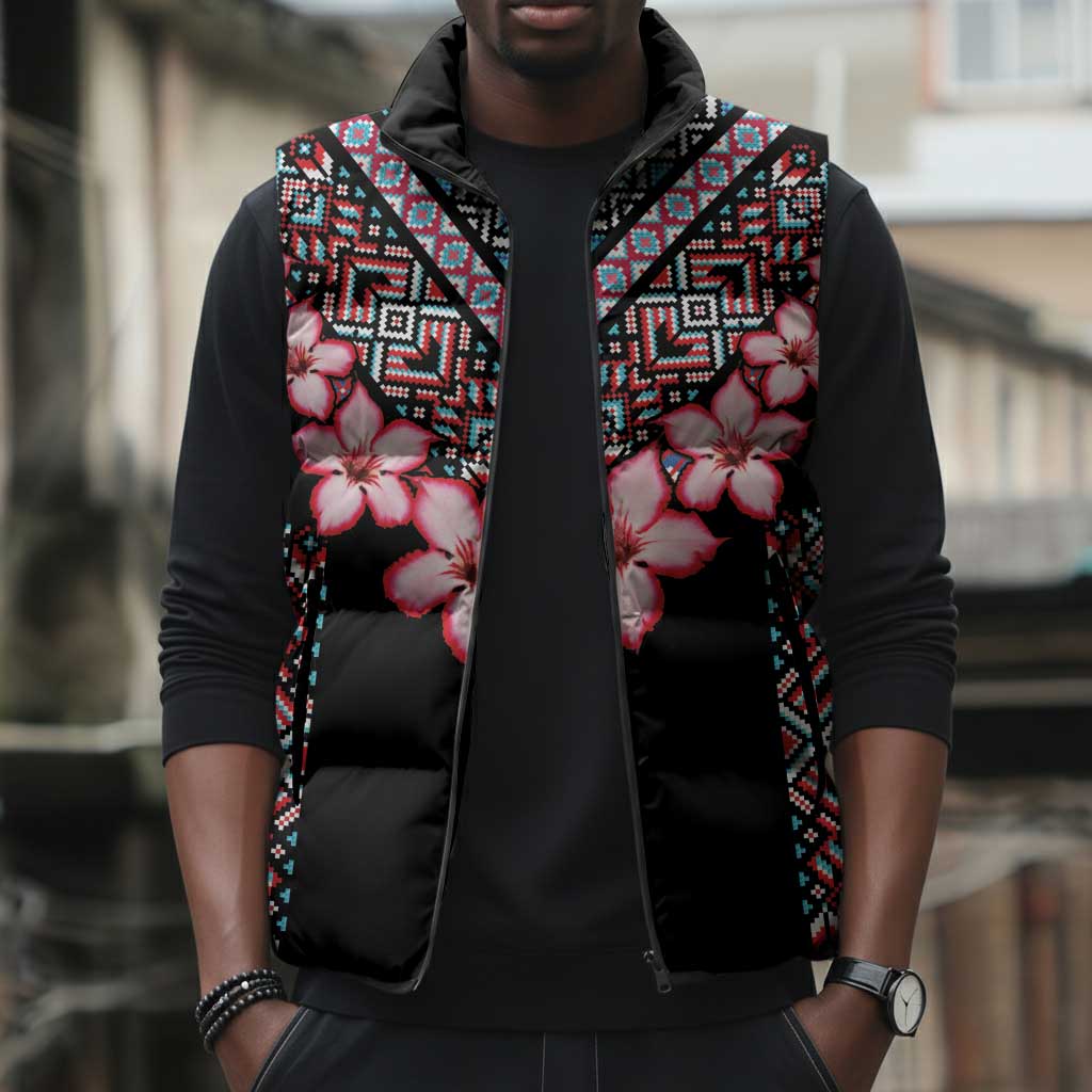 Africa Adenium Multiflorum Flowers Sleeveless Puffer Jacket Mix Native Tribal Pattern
