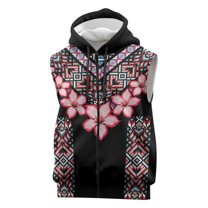 Afro Adenium Multiflorum Flowers Sleeveless Zip Hoodie Mix Native Tribal Pattern - African Pride