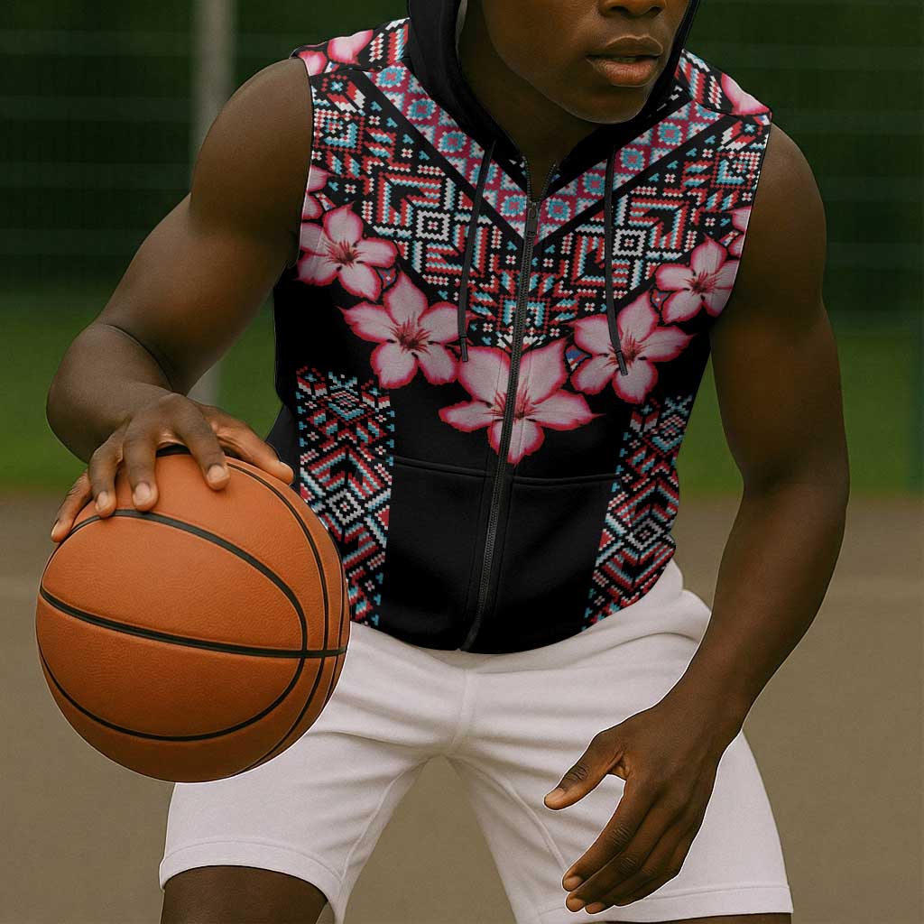 Afro Adenium Multiflorum Flowers Sleeveless Zip Hoodie Mix Native Tribal Pattern - African Pride