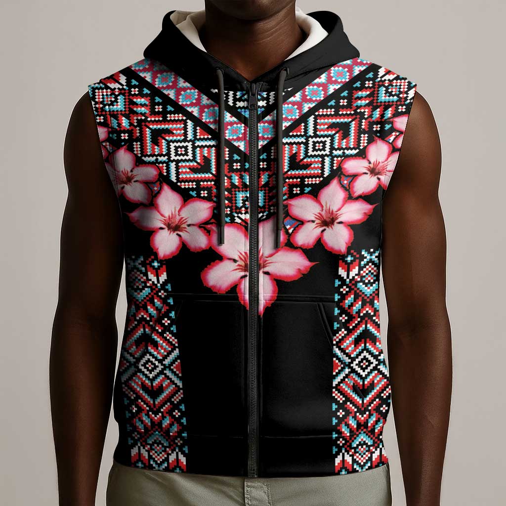 Afro Adenium Multiflorum Flowers Sleeveless Zip Hoodie Mix Native Tribal Pattern - African Pride