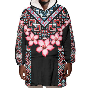 Afro Adenium Multiflorum Flowers Wearable Blanket Hoodie Mix Native Tribal Pattern