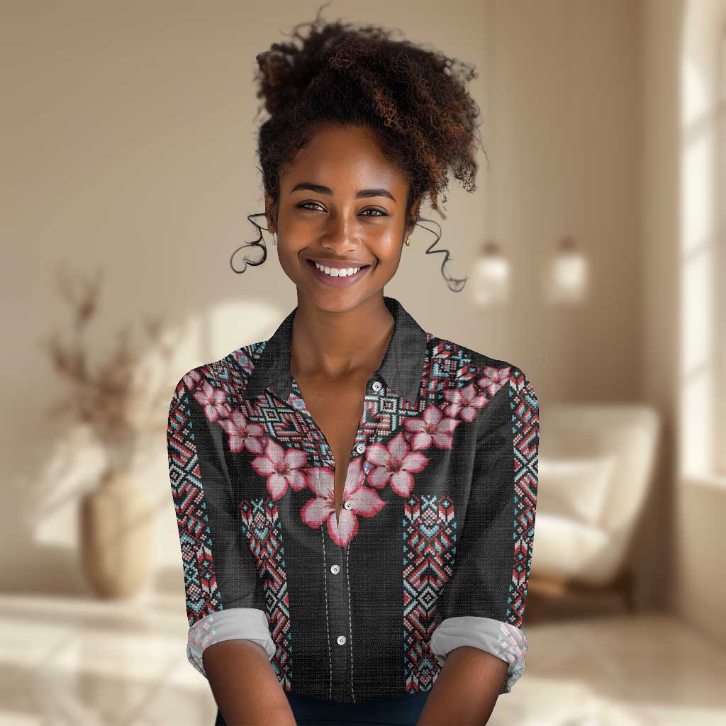 Afro Adenium Multiflorum Flowers Women Casual Shirt Mix Native Tribal Pattern