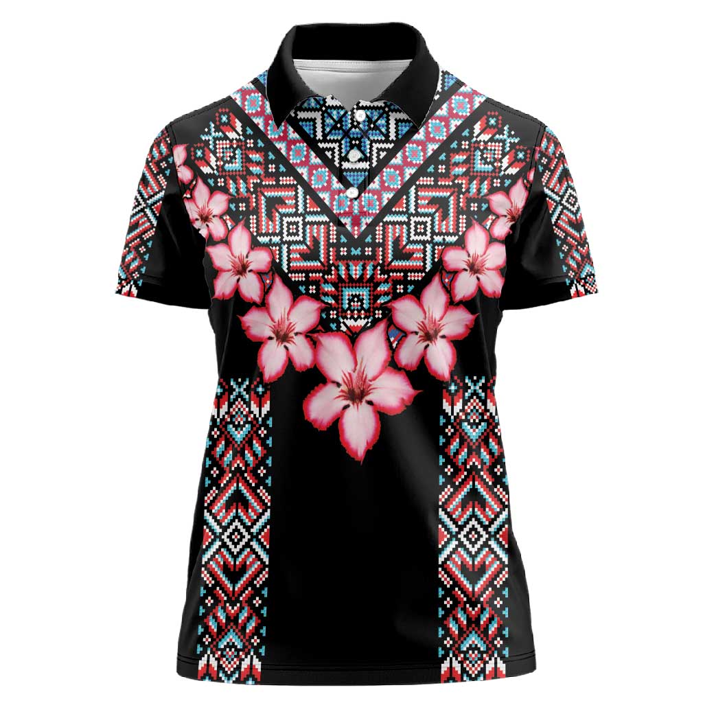 Afro Adenium Multiflorum Flowers Women Polo Shirt Mix Native Tribal Pattern