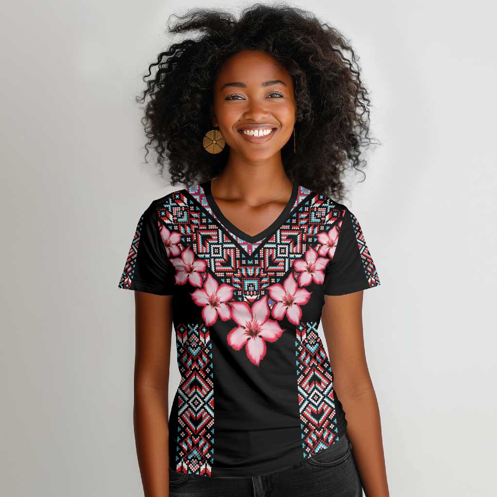 Afro Adenium Multiflorum Flowers Women V-Neck T-Shirt Mix Native Tribal Pattern