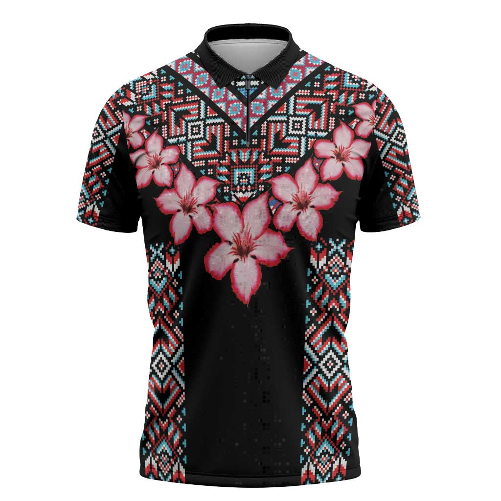 Africa Adenium Multiflorum Flowers Zipper Polo Shirt Mix Native Tribal Pattern