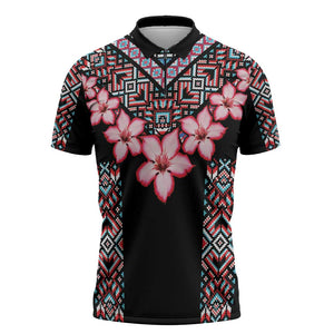 Africa Adenium Multiflorum Flowers Zipper Polo Shirt Mix Native Tribal Pattern
