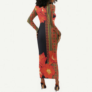 Afro Beauty Clivia Miniata Flowers Long Sleeve Bodycon Dress