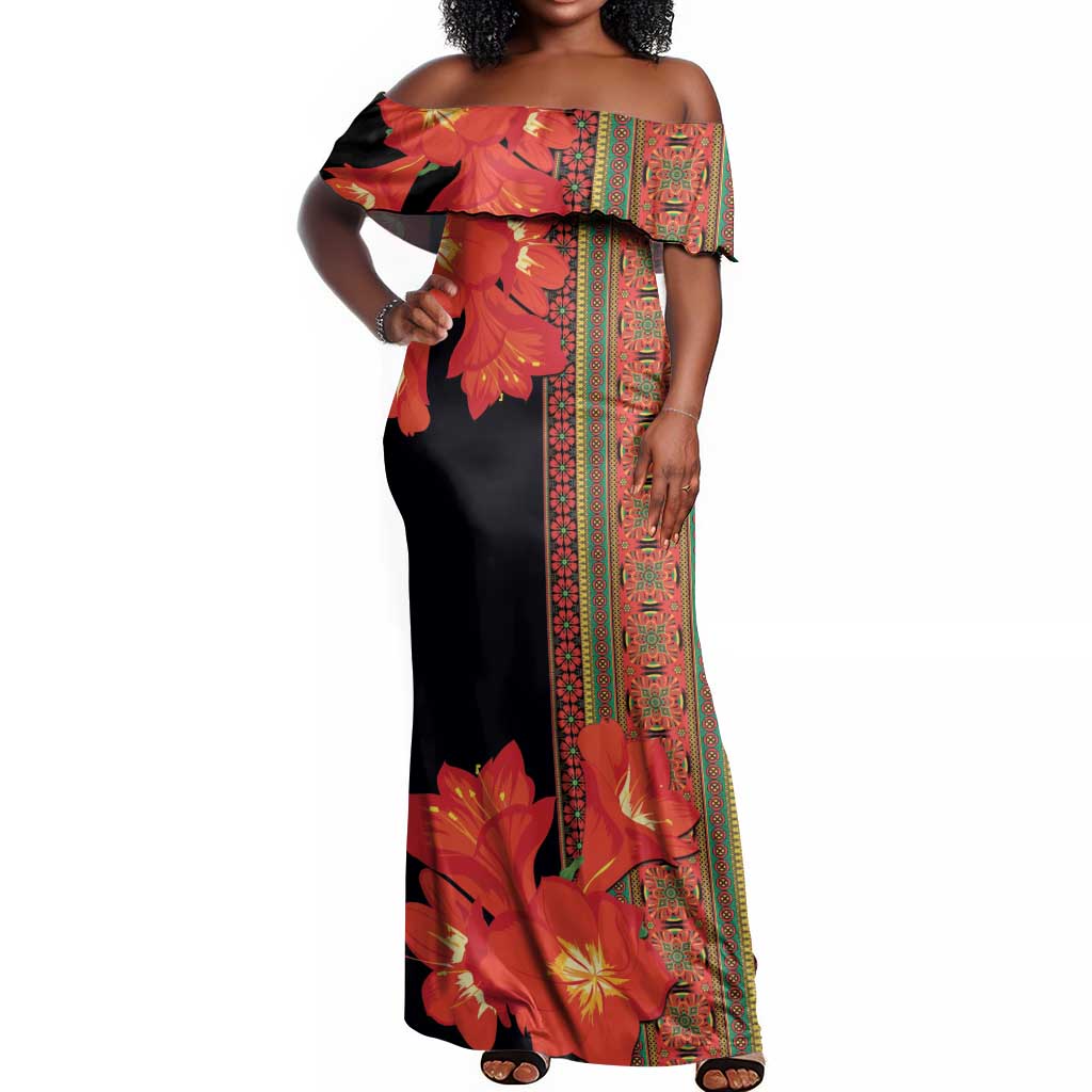 Afro Beauty Clivia Miniata Flowers Off Shoulder Maxi Dress