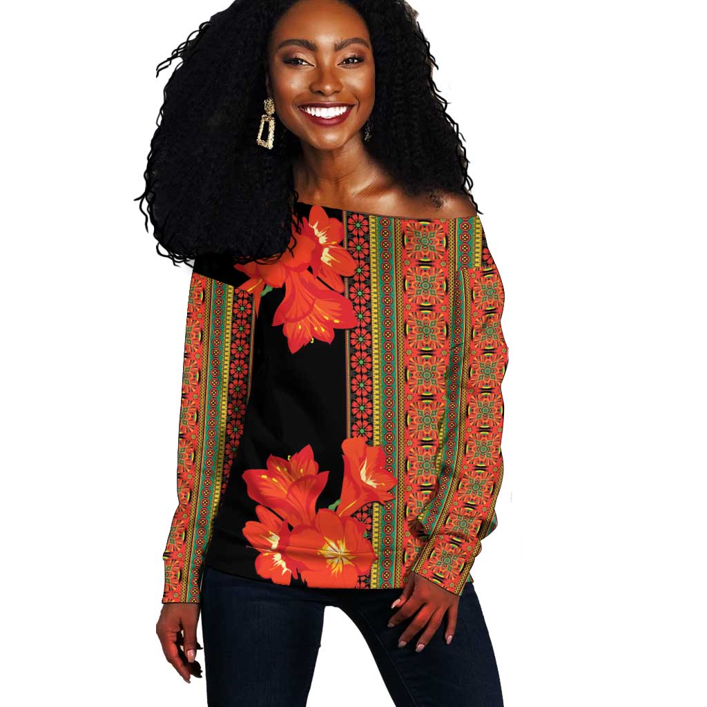 Afro Beauty Clivia Miniata Flowers Off Shoulder Sweater