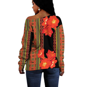 Afro Beauty Clivia Miniata Flowers Off Shoulder Sweater