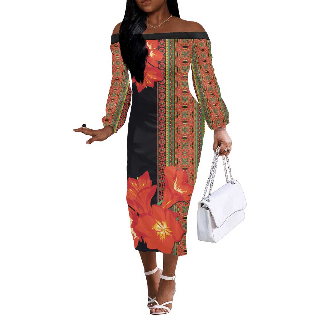 Afro Beauty Clivia Miniata Flowers Off The Shoulder Long Sleeve Dress