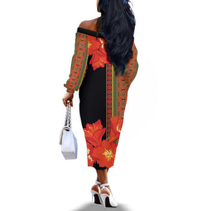 Afro Beauty Clivia Miniata Flowers Off The Shoulder Long Sleeve Dress