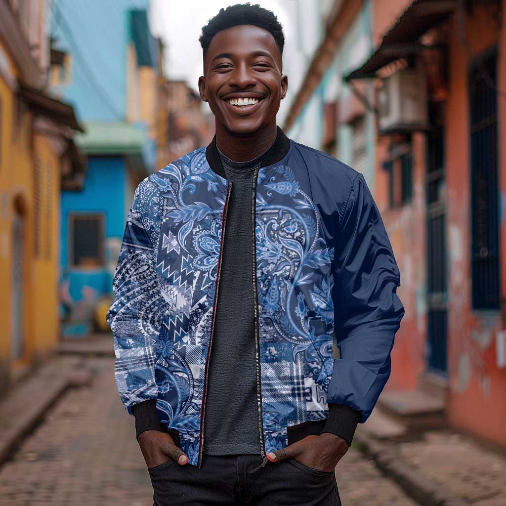 Afro Floral mix Maasai Shuka Bomber Jacket Blue Moitf