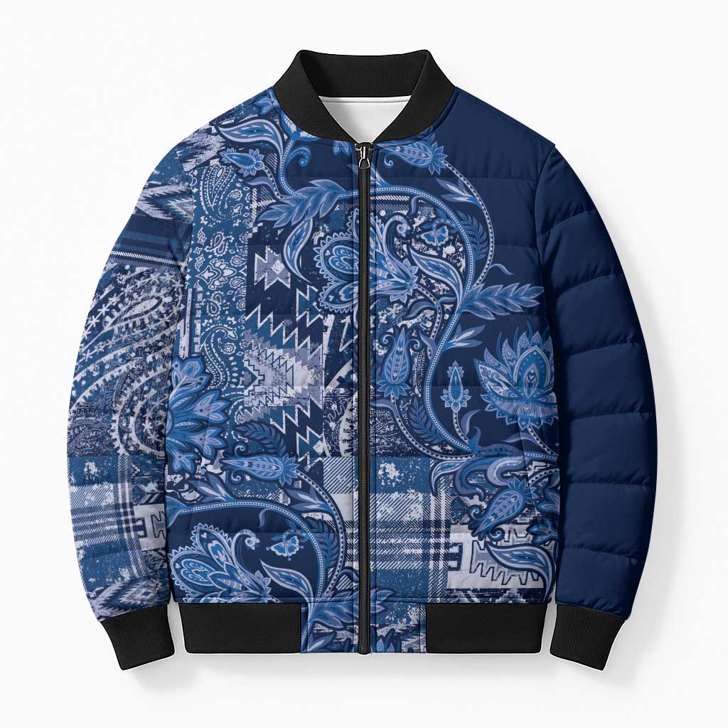 Africa Floral mix Maasai Shuka Bomber Puffer Jacket Blue Moitf