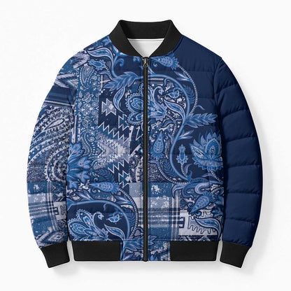 Africa Floral mix Maasai Shuka Bomber Puffer Jacket Blue Moitf