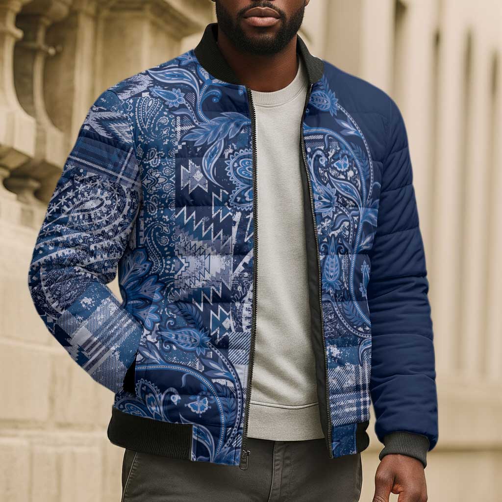 Africa Floral mix Maasai Shuka Bomber Puffer Jacket Blue Moitf