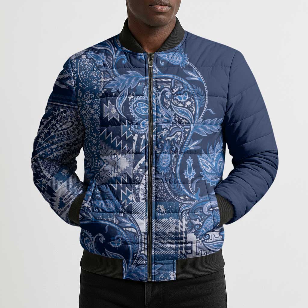 Africa Floral mix Maasai Shuka Bomber Puffer Jacket Blue Moitf