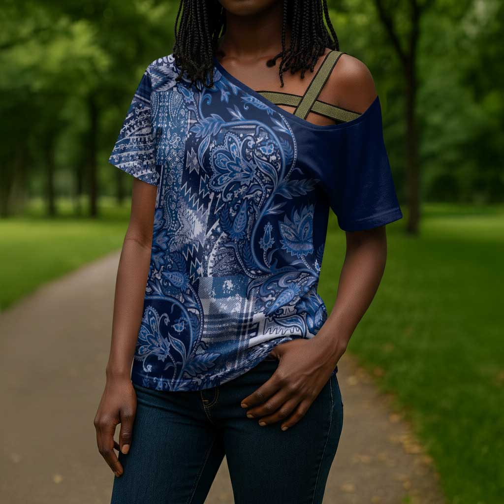 Africa Floral mix Maasai Shuka Cross Shoulder Shirt Blue Moitf