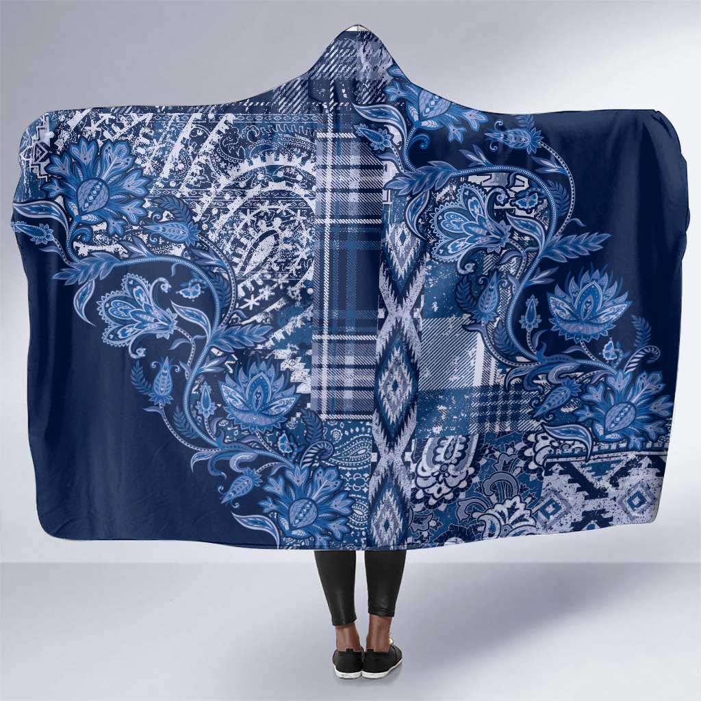 Afro Floral mix Maasai Shuka Hooded Blanket Blue Moitf