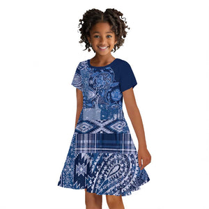 Afro Floral mix Maasai Shuka Kid Short Sleeve Dress Blue Moitf