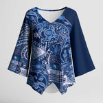 Africa Floral mix Maasai Shuka Kimono Sleeve Blouse Blue Moitf