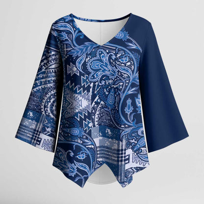 Africa Floral mix Maasai Shuka Kimono Sleeve Blouse Blue Moitf