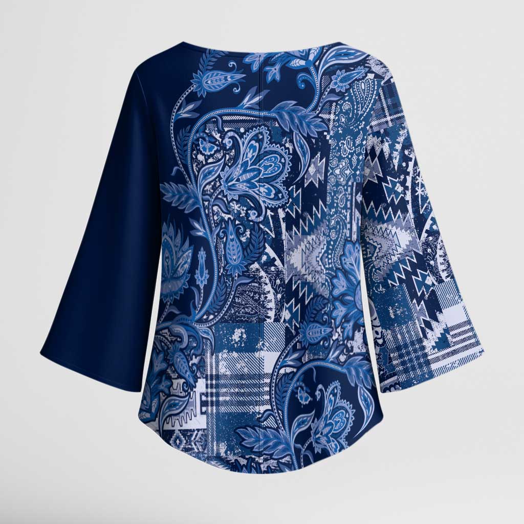 Africa Floral mix Maasai Shuka Kimono Sleeve Blouse Blue Moitf