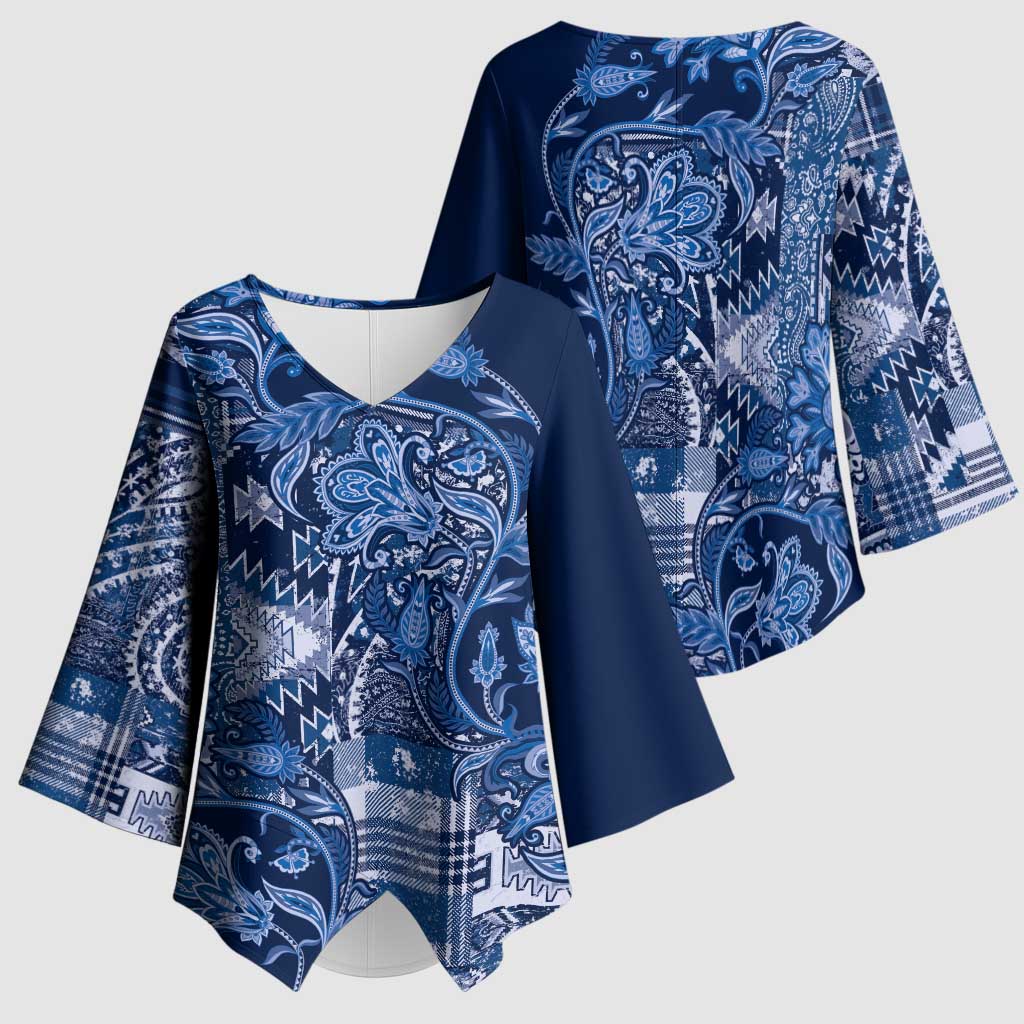 Africa Floral mix Maasai Shuka Kimono Sleeve Blouse Blue Moitf